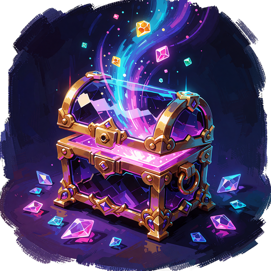 &Aring;ben skattekiste af violet glas med guldkanter og et lysudbrud med &aelig;delsten, symbol p&aring; Loot Boxes hos V.Vegas
