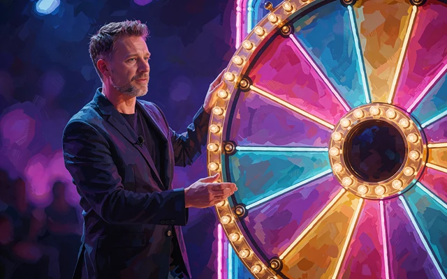 Game show-v&aelig;rt ved et stort pr&aelig;miehjul med neonp&aelig;rer, illustration til live-showet Crazy Time hos V.Vegas