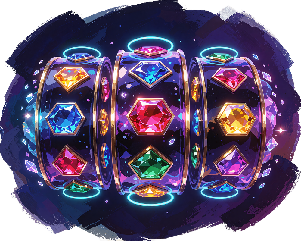 Tre sv&aelig;vende slotvalser af violet glas med safir-, rubin- og citrinkrystaller - spilleautomater hos V.Vegas Casino