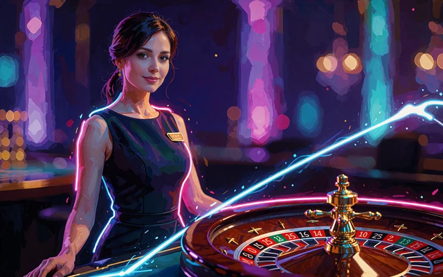 Malet live casino-studie med en croupier bag rouletten, brugt som illustration til Lightning Roulette