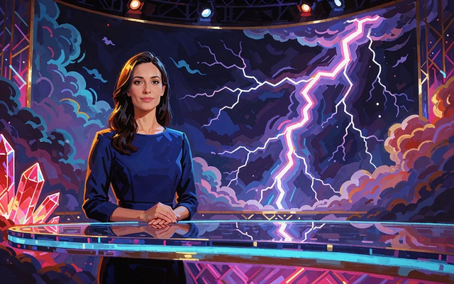 Studiev&aelig;rt foran malede stormskyer og lyn i et neonstudie, illustration til game showet Lightning Storm