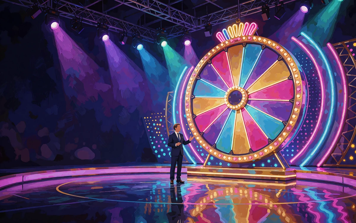 Malet game show-studie med stort pr&aelig;miehjul og v&aelig;rt under farvede spotlights - live casino og game shows hos V.Vegas